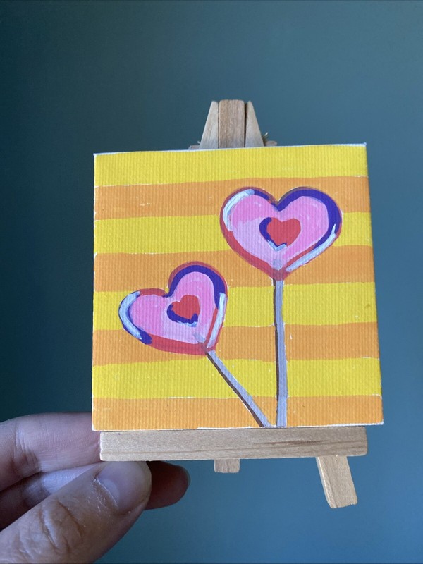 Heart,flowers,still Life Miniature, Mini painting on canvas original 3/3 Inches,