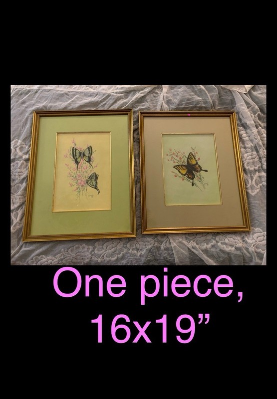 Vintage Hand Drawn Pastel Butterfly Print Gold Wooden Frame,1978,16×19”, 1 PC