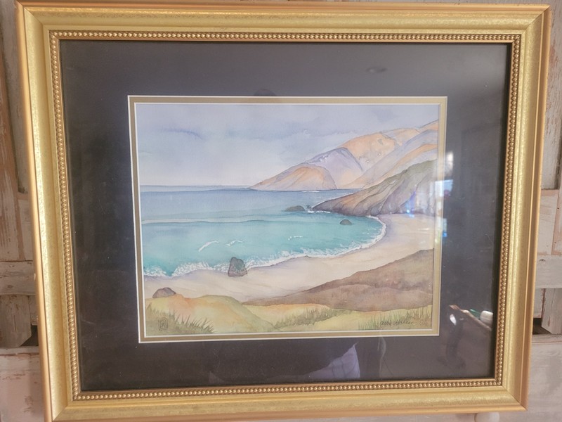 Debbie Abshear Original watercolor Art California Coast Beach Landscape Framed