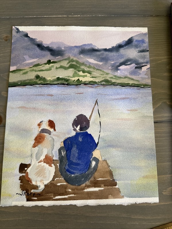 Water Color By Sharp, painting Dog & Master, Dock Fishing 8 x 10″apx