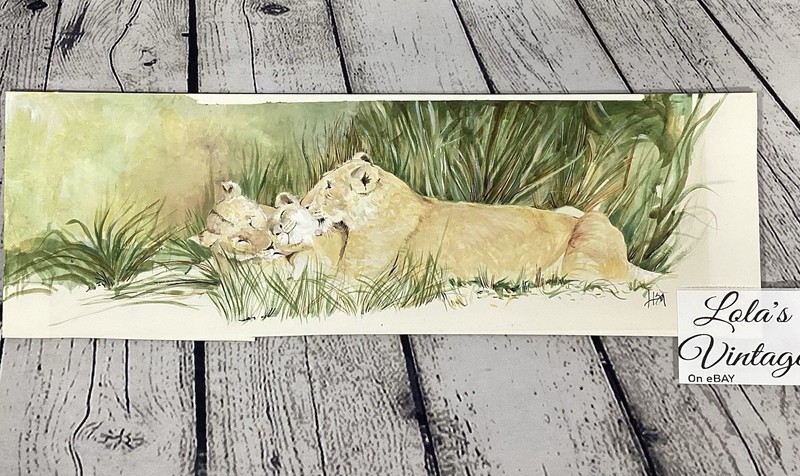 1956 Watercolor Painting African Lions Cub Original Art VTG Mcm Big Cat Kisses