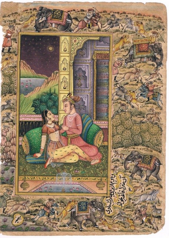 Hand Painted Mughal Love Scene Miniature Painting India Artwork Hunting Finest