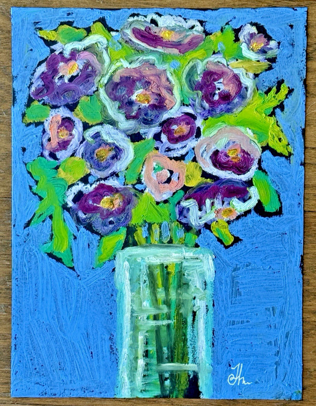Original Oil Painting on Paper Signed Blue Purple Floral Still Life 9x12" gallery