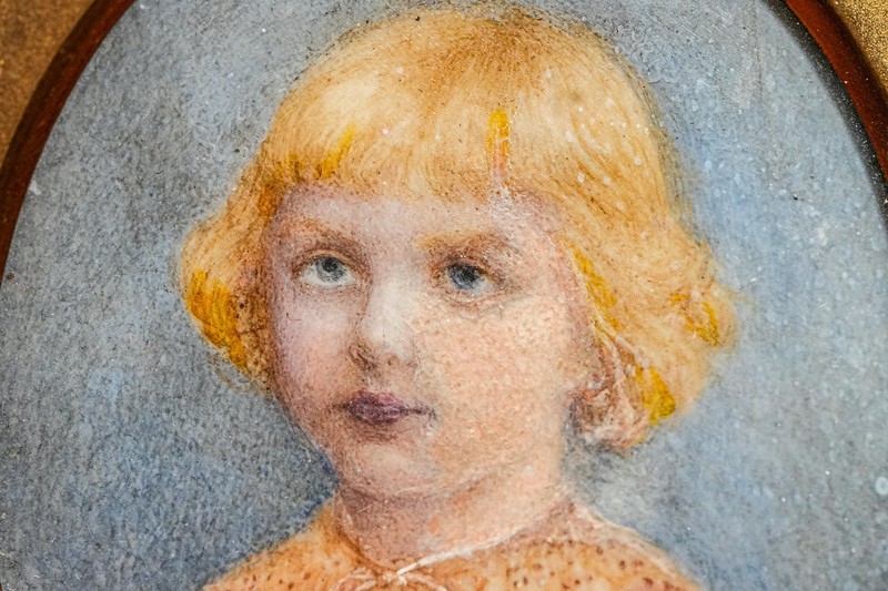 Amazing Portrait Miniature Painting Brass Frame Antique Victorian Boy and Girl gallery