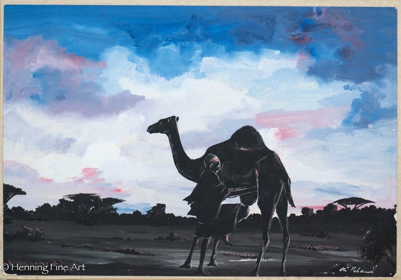 Beautiful Vintage Orientalist Desert Landscape with Figure and Camel, Signed