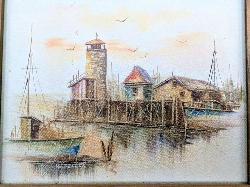 Vintage W. Zeller Oil Painting - Nautical Harbor Scene Lighthouse - Framed 8x10 gallery