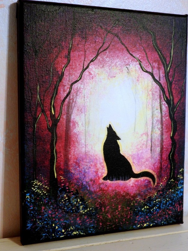 8 x 10" Landscape Acrylic Painting Fantasy Wolf Howling in Mysterious Woodlands gallery