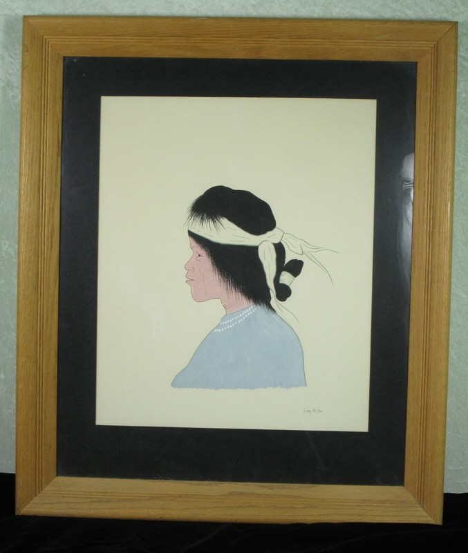 Larry Big Bow Portrait Native American Painting Gouache Framed 23x27in Vintage