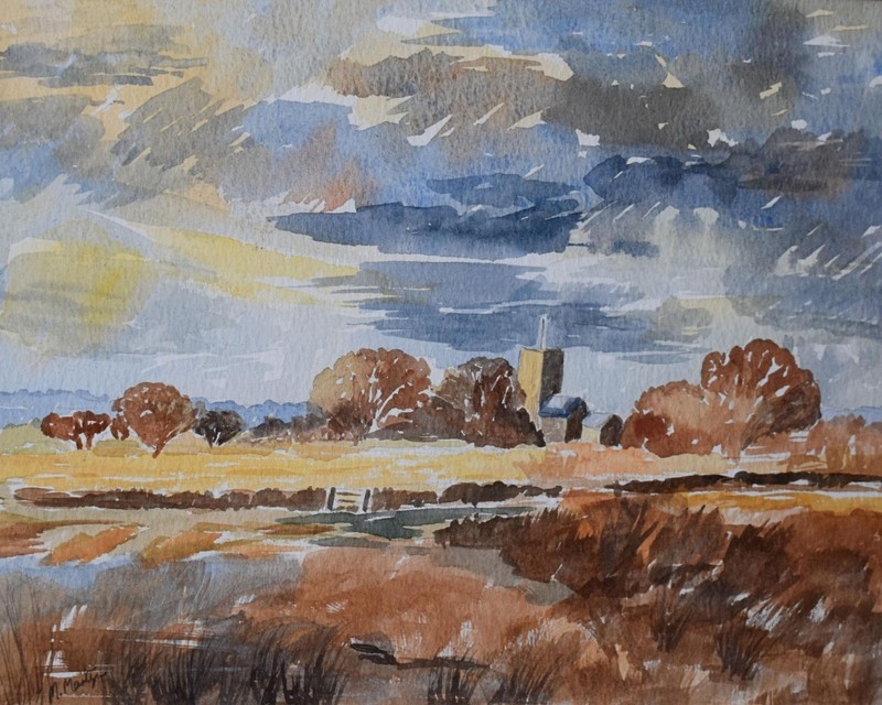EXPANSIVE LANDSCAPE ACROSS A FARMSTEAD WATERCOLOUR INDISTINCTLY M MARTYN? c1980