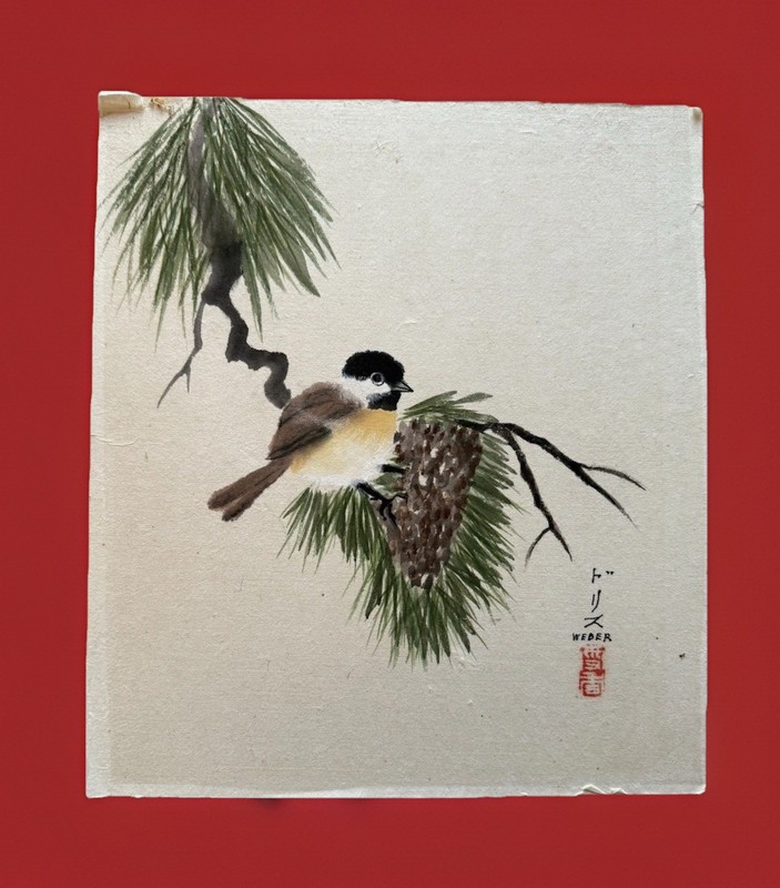 Original Sumi Ink Watercolor Painting Chickadee Pinecone Artist Seal W Signature