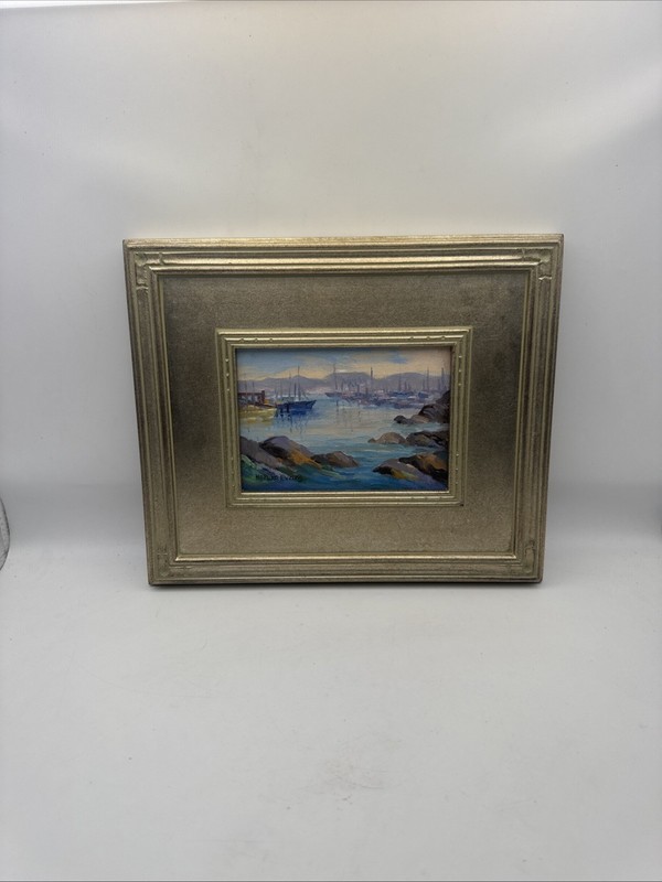 Haruko Evans Monterey Bay Harbor Oil Painting Framed 13×11