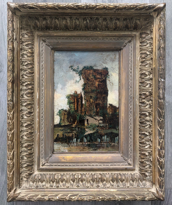 c.1880 Oil on Board French Barbizon School Romanticism Impressionist Fort Ruins
