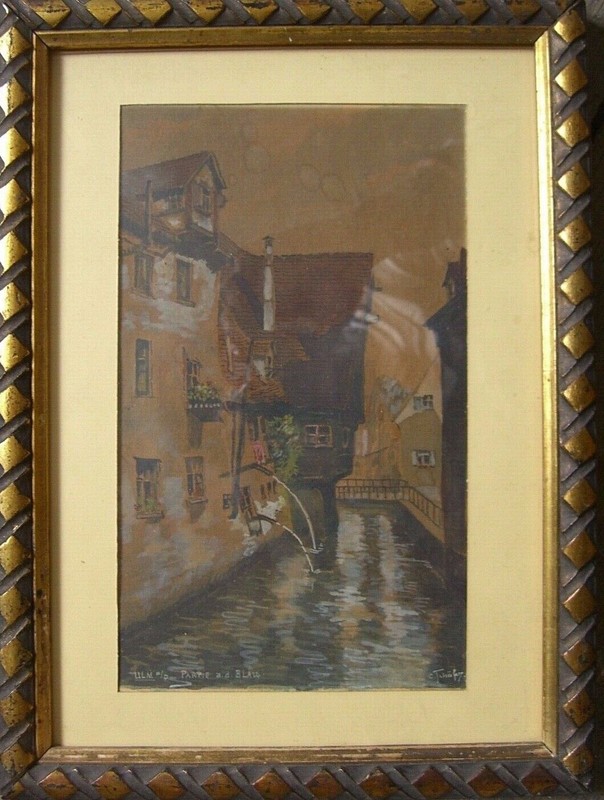 ::AQUARELL/GOUACHE °STADTANSICHT DEUTSCHLAND ULM «PARTIE A.D. BLAU» KANAL FLUSS