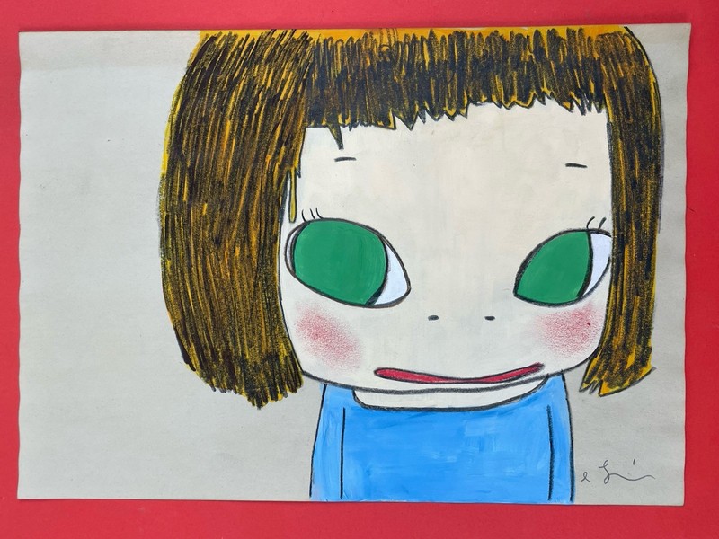 Yoshitomo Nara drawing and painting on old paper signed stamped vintage