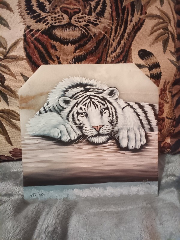 White Tiger oil painting on stone slab,signed Arturo.