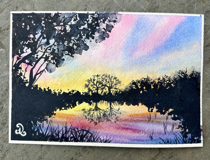 Original Watercolor Painting 4×6 Landscape At Sunset On The Lake Signed Art OOAK