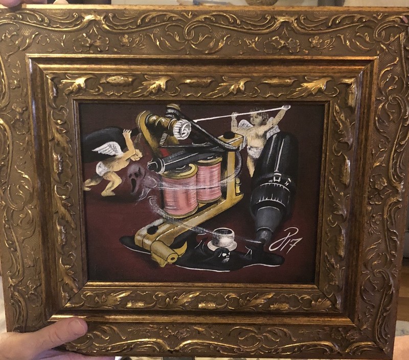 🔥Original Renaissance Cherubs Vintage Tattoo Machine Painting With Ornate Frame gallery
