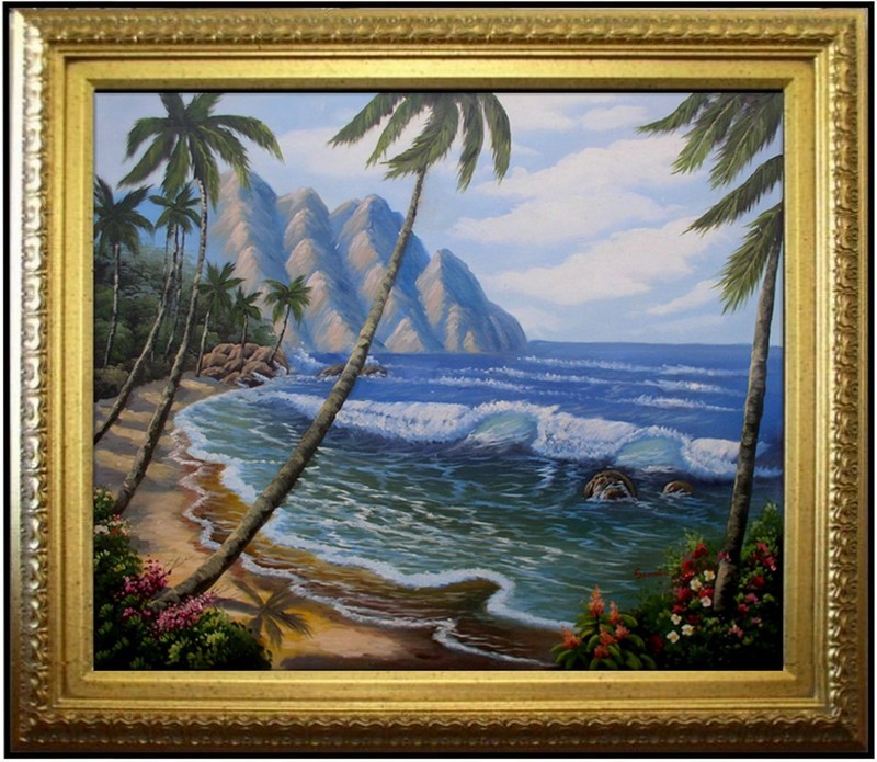 Framed Quality Hand Painted Oil Painting Pacific island Coast Scene 20x24in