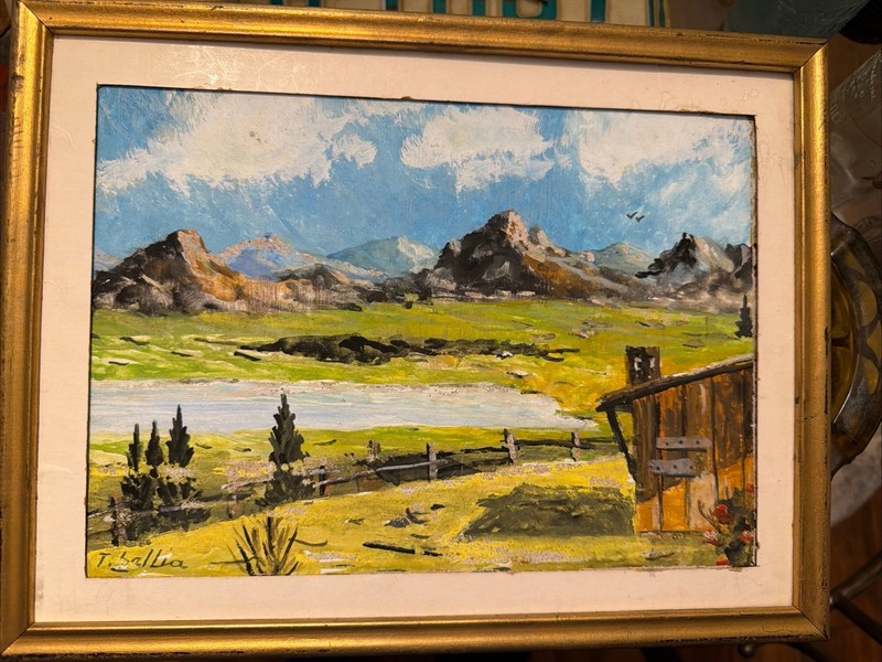 Signed Oil Painting Small Country Mountain Landscape T. Bel Lia