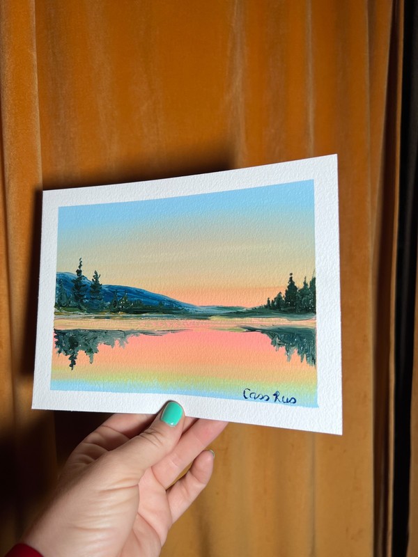 Original Oil Painting Lake Reflection New Sunset mountains trees
