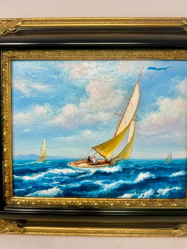 Sailing Into Blue Framed Sailboat Painting Black Gold Frame Wall Art gallery