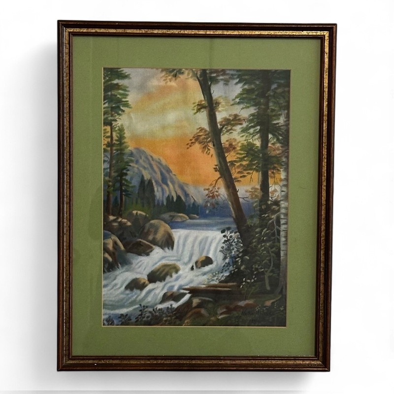 1940s Signed Watercolor Nature River Mountains Painting Framed Vintage