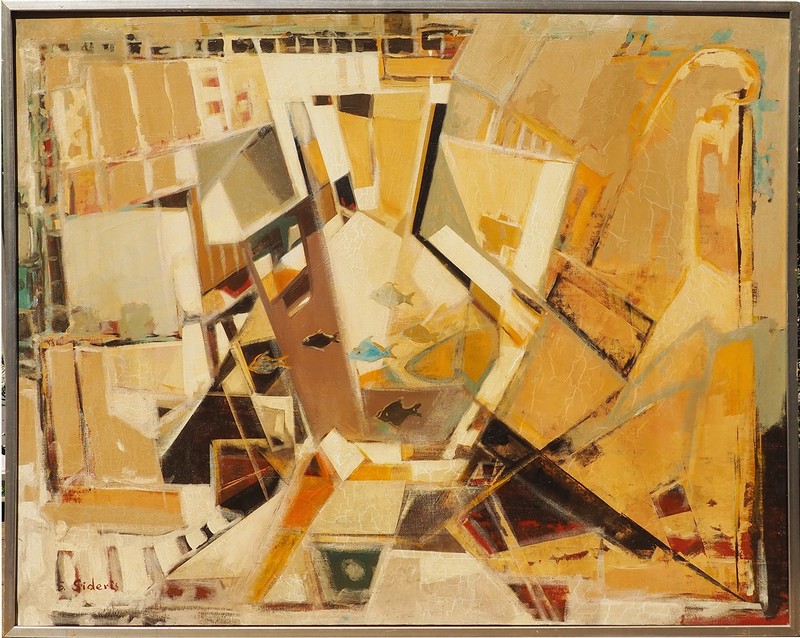 Mid century modern vintage abstract architecture painting by Stefano Sideris
