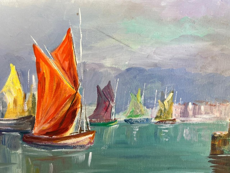 Vintage Coastal Ocean Landscape Oil Painting Seascape Ships Boats Art JM Calmar gallery
