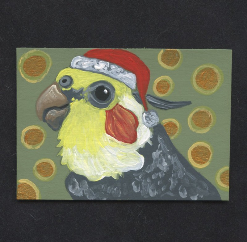 ACEO ATC Original Miniature Christmas Cockatiel Parrot Pet Bird Art-C. Smale gallery
