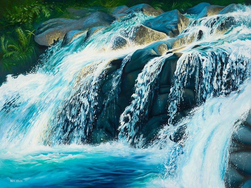 Deception Falls 36×48″ Original Waterfall Oil Painting on Canvas/ Floating Frame