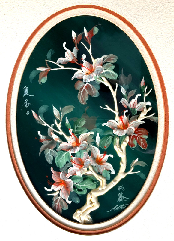 SHINICHI SATO FRAMED ENAMEL FLORAL PAINTING