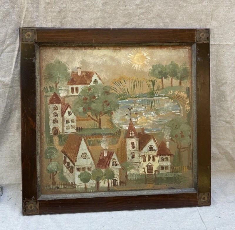 Charming American Folk Art Landscape/Village Scene Oil Painting on Wood