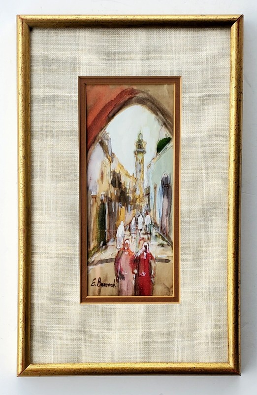Midcentury Eliezer Barooch Watercolor Israeli Artist Mideast Street Scene SIGNED