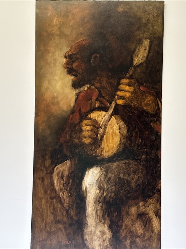 MID CENTURY PAINTING MUSICIAN MAN MEN EARLY WORK OF CHARLES BRAGG LARGE OIL 1960 gallery