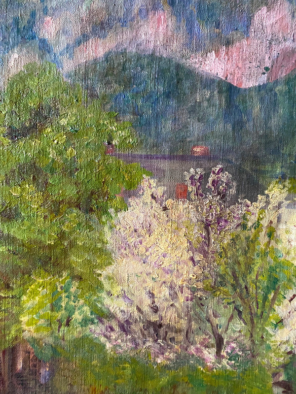 Oil Painting Blooming Park Before Bergkette With Obstbäumen Cherry Blossoms gallery