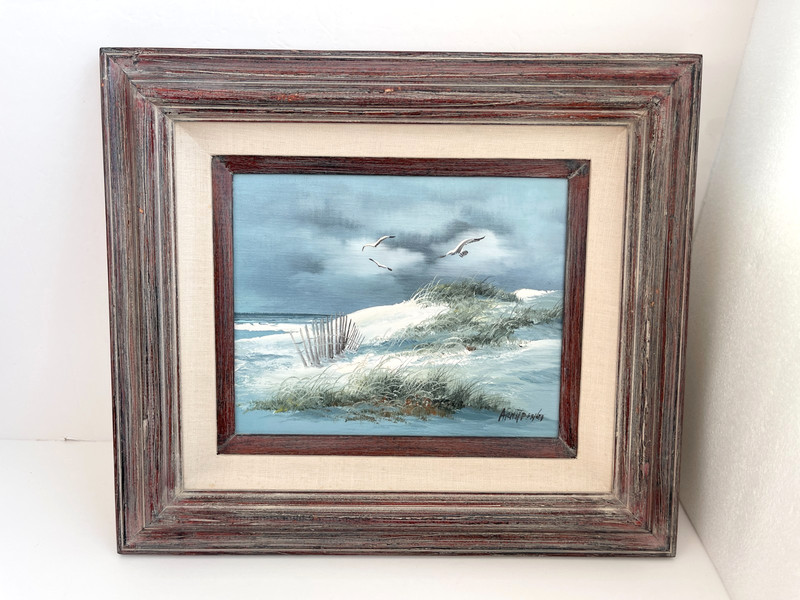 Signed Oil Painting «Seagulls & the Calm Beach» Rustic Wood Frame on Canvas