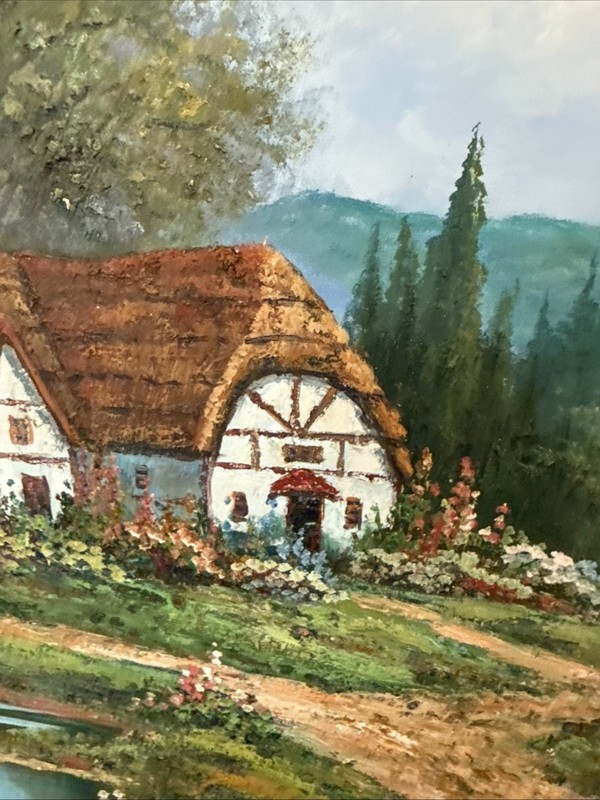 HUGE!! 42x30” Framed Landscape REAL Oil Painting Signed Forest Mountains Cottage gallery