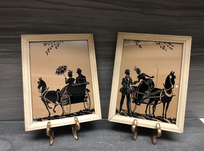 VTG 1950s MCM Black Silhouette Reverse Painted Horse Buggy Carriage Framed Pair