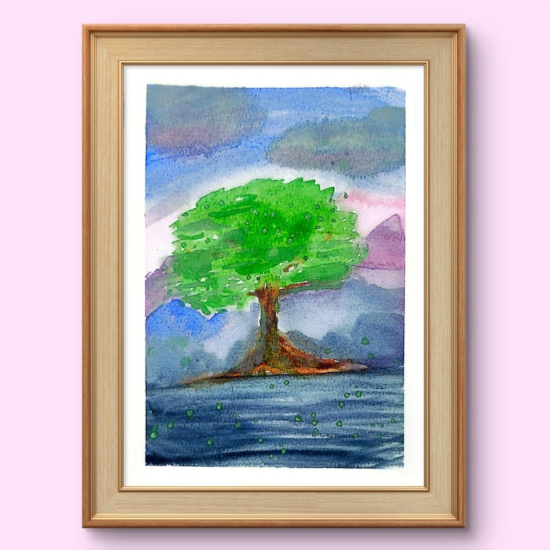 A Lone Tree Colorful Abstract Impressionist Original Watercolor 5x7 Signed. gallery
