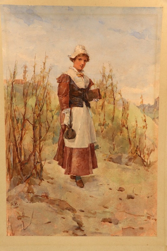 Antique European Alpine Woman Watercolor Painting Signed A.H. 13×19 Actual