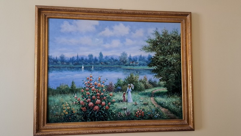 W. Hodges Painting W/ Frame Oil Canvas 56″x44″ Lady and Child by Lake