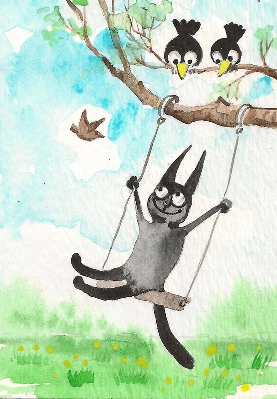 ACEO PRINT OF PAINTING BLACK CAT WATERCOLOR CROW ILLUSTRATION SPRING FOLK ART