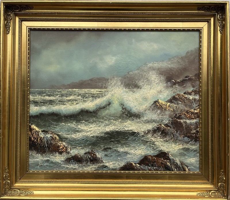 Impressionist Stormy Seascape Rocks Sea Coast Surf Oil Painting