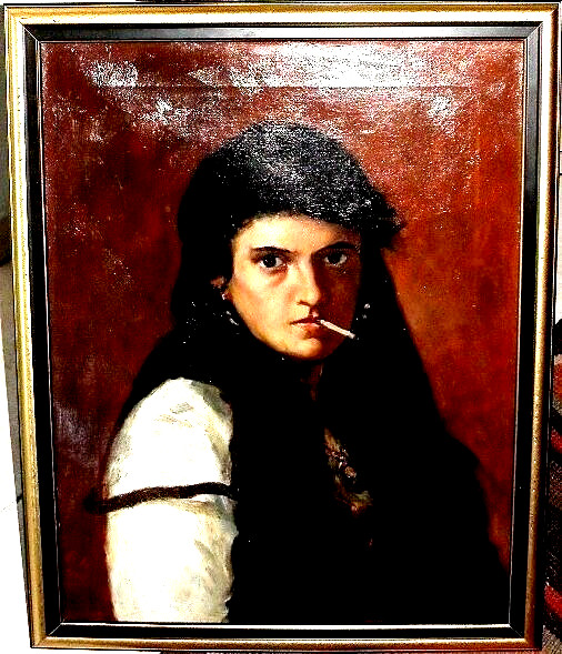 Gypsy Woman with Cigarette Woman Girl Switzerland 1900 Signed 54x67cm #143