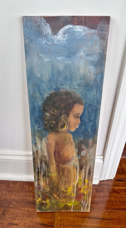 Figurative Young Woman Painting on Wood Panel, Blue Unframed Single Piece