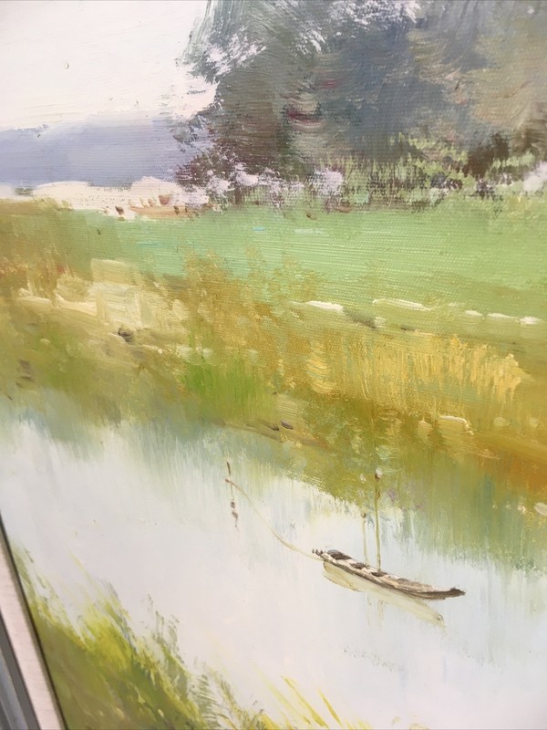 Oil Painting Stretch Canvas 32 13/16”W x 28 13/16”H Landscape Boat Grass-Angela gallery