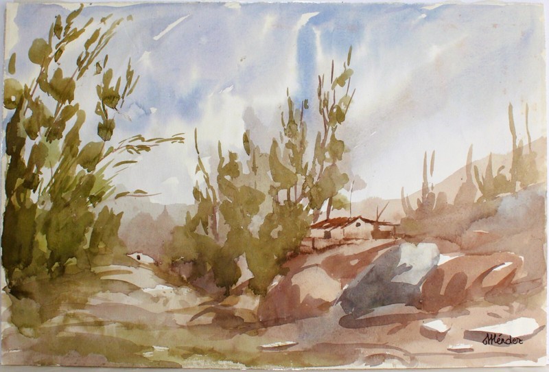 VINTAGE WATERCOLOR ON PAPER SIGNED MENDEZ SOUTH AMERICAN PERU VILLAGE LANDSCAPE