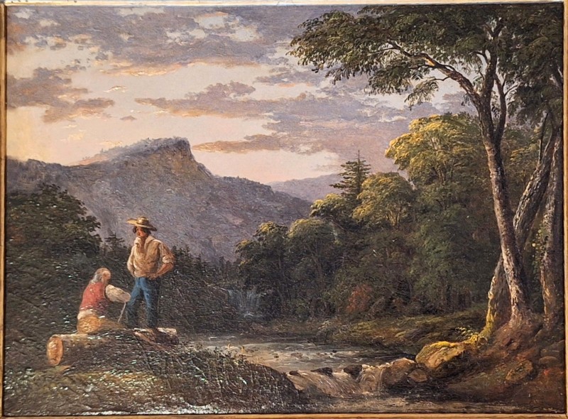 19th Century Hudson River School O/C Catskill Landscape W 2 Woodsmen Unsigned
