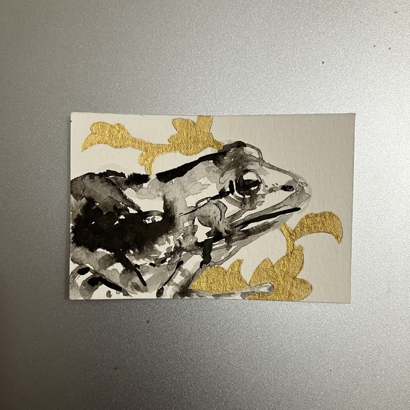Original Frog Painting Miniature Realism Sumi-e Gold Accent Farm Art collectible