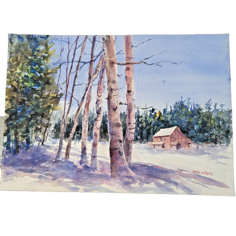 Badri Mehrotra Watercolor Landscape Winter Scene Barn in the Woods Unframed